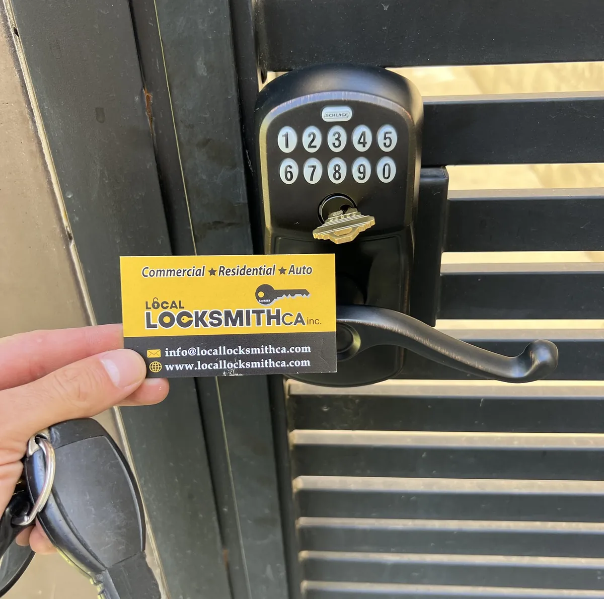 Keypad lever lock installed on a metal gate